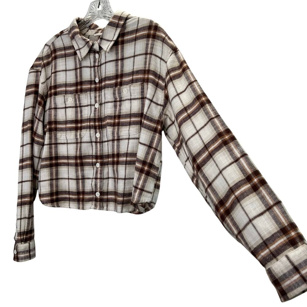 American Eagle Flannel Shirt Cropped XS Women Brown Beige 100% Cotton Neutral - Picture 1 of 6